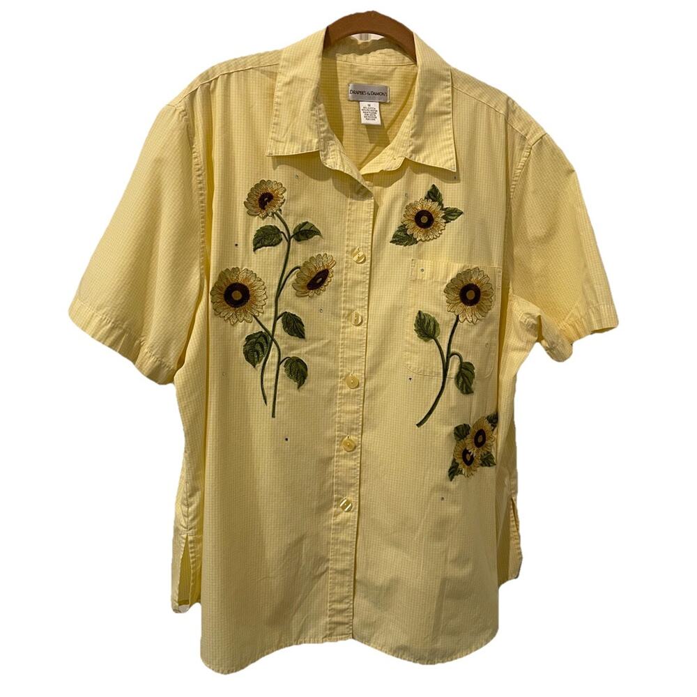 Drapers And Damons Plus 1X Women's Yellow & White Check Blouse-Sunflowers - Picture 1 of 9